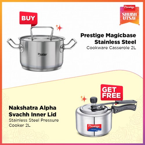 Prestige 16cm/2L Magicbase Stainless Steel Casserole with Lid| Tri-Ply Bottom| Induction & ISI Certified, with Nakshatra Alpha Svachh 2L SS Spillage Control Pressure Cooker (Silver)