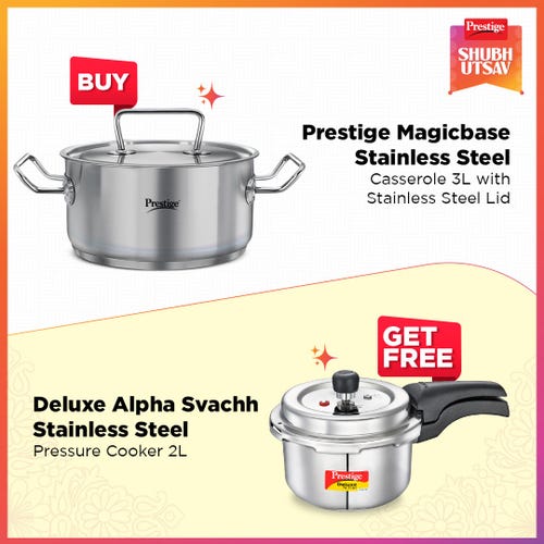 Prestige 20cm/3L Magicbase Stainless Steel Casserole with Lid| Tri-Ply Bottom| Induction & ISI Certified, with Deluxe Alpha Svachh 2L SS Spillage Control Pressure Cooker (Silver)