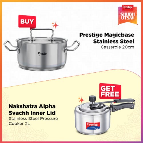 Prestige 20cm/3L Magicbase Stainless Steel Casserole with Lid| Tri-Ply Bottom| Induction & ISI Certified, with Nakshatra Alpha Svachh 2L SS Spillage Control Pressure Cooker (Silver)