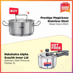 Prestige 20cm/3.5L Magicbase Stainless Steel Deep Casserole with Lid| Tri-Ply Bottom| Induction & ISI Certified, with Nakshatra Alpha Svachh 2L SS Spillage Control Pressure Cooker (Silver)