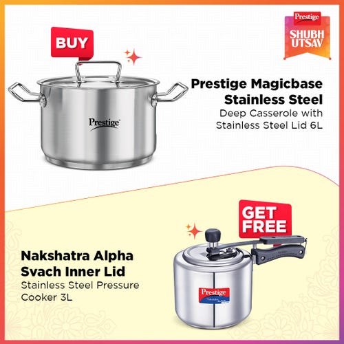 Prestige 24cm/6L Magicbase Stainless Steel Deep Casserole with Lid| Tri-Ply Bottom| Induction & ISI Certified, with Nakshatra Alpha Svachh 3L SS Spillage Control Pressure Cooker (Silver)