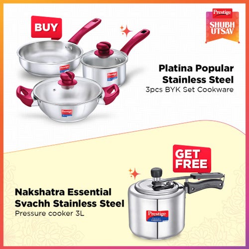 Prestige Platina Popular Stainless Steel 3 Pc BYK Cookware Set (Fry Pan 22 cm (1.9 L), Sauce Pan 16 cm (1.5L) & Kadai 22 cm Dia (2.25 L) with Nakshatra Essential Svachh SS Pressure Cooker 3.0 L