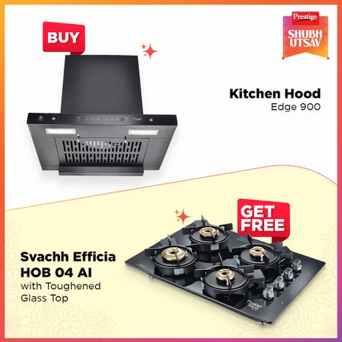 Prestige Edge 900 Kitchen Hood | with Svachh Efficia HOB 04 AI – Toughened Glass Top, Multi-Spark Ignition & 4 Brass Burners | Plus Chimney Installation Kit