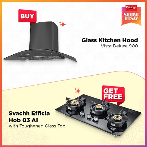 Prestige Vista Deluxe 900 Glass Kitchen Hood | with Svachh Efficia HOB 03 AI – Toughened Glass Top, Multi-Spark Ignition & 3 Brass Burners | Plus Chimney Installation Kit
