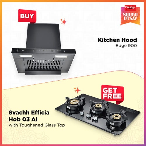 Prestige Edge 900 Kitchen Hood | with Svachh Efficia HOB 03 AI – Toughened Glass Top, Multi-Spark Ignition & 3 Brass Burners | Plus Chimney Installation Kit