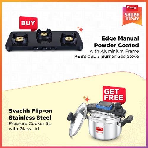 Prestige Edge PEBS 03L Manual Powder Coated with Aluminium Frame 3 Burners Gas Stove, Black and Svachh Flip-on Stainless Steel Spillage Control Pressure Cooker with Glass Lid, 5 Litre (Silver)