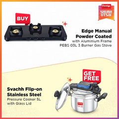 Prestige Edge PEBS 03L Manual Powder Coated with Aluminium Frame 3 Burners Gas Stove, Black and Svachh Flip-on Stainless Steel Spillage Control Pressure Cooker with Glass Lid, 5 Litre (Silver)