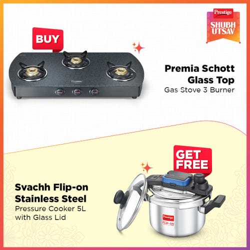 Prestige Premia Schott Glass Top Gas Stove (3 Burners) - GTS 03L (D) (Black) with Svachh Flip-on Stainless Steel Spillage Control Pressure Cooker with Glass Lid, 5 Litre (Silver)