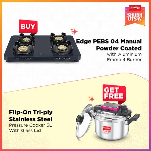 Prestige Edge PEBS 04 Manual Powder Coated with Aluminium Frame 4 Burners Gas Stove, Black and FLIP-ON TRI-PLY STAINLESS STEEL PRESSURE COOKER 5 L 220m WITH GLASS LID