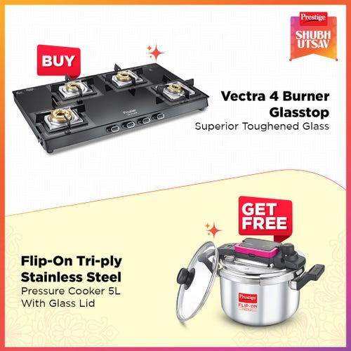 Prestige Vectra 4 Burner Glasstop Gas Stove|Superior Toughened Glass|Jumbo Brass Burner| Black with Flip-On Tri-Ply Stainless Steel Pressure Cooker 5 L 220m with Glass Lid