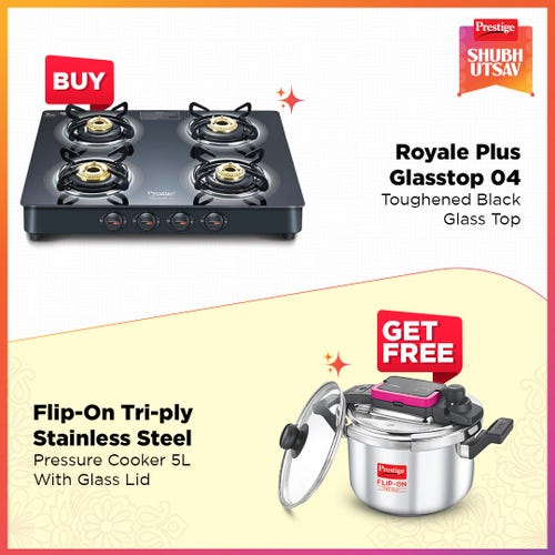 Prestige Royale Plus GT 04 Toughened Black Glass Top with Flip-On Tri-Ply Stainless Steel Pressure Cooker 5 L 220m with Glass Lid