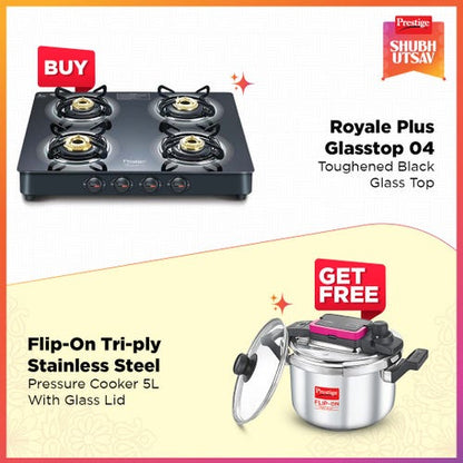 Prestige Royale Plus GT 04 Toughened Black Glass Top with Flip-On Tri-Ply Stainless Steel Pressure Cooker 5 L 220m with Glass Lid