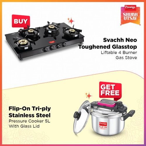 Prestige Svachh Neo Toughened Glasstop Gas Stove with Liftable 4 Burners (Black) - GTSN 04 L and Flip-On Tri-Ply Stainless Steel Pressure Cooker 5 L 220m with Glass Lid