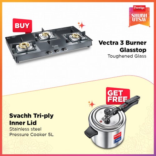 Prestige Vectra 3 Burner Glasstop Gas Stove with 5 L Tri-Ply Svachh Inner Lid Pressure Cooker