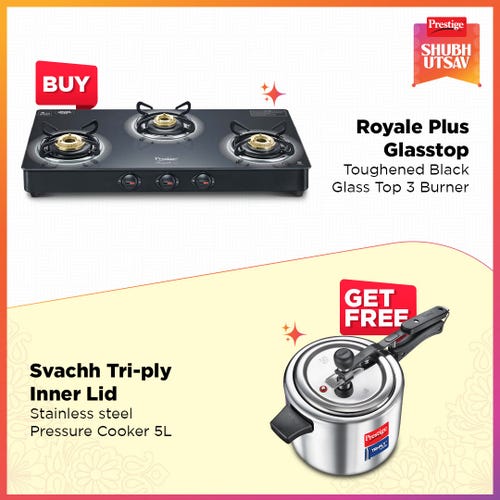 Prestige Royale Plus GT 03 Toughened Black Glass Top with 5 L Tri-Ply Svachh Inner Lid Pressure Cooker | Gas and Induction Compatible | Low Cooking Oil | Faster Cooking | 5 Years Warranty | Silver