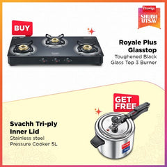 Prestige Royale Plus GT 03 Toughened Black Glass Top with 5 L Tri-Ply Svachh Inner Lid Pressure Cooker | Gas and Induction Compatible | Low Cooking Oil | Faster Cooking | 5 Years Warranty | Silver