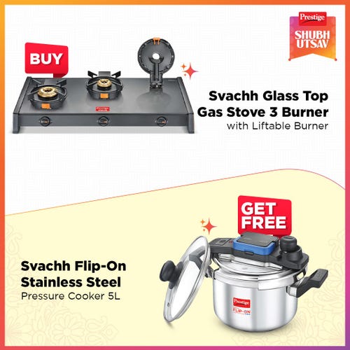 Prestige Svachh Glass Top Gas Stove (3 Burners) with Liftable Burners - GTSB-03 and Svachh Flip-on Stainless Steel Spillage Control Pressure Cooker with Glass Lid, 5 Litre (Silver)