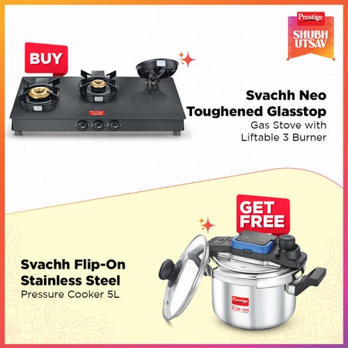 Prestige Svachh Neo Toughened Glasstop Gas Stove with Liftable 3 Burners (Black) - GTSN 03 and Svachh Flip-on Stainless Steel Spillage Control Pressure Cooker with Glass Lid, 5 Litre (Silver)