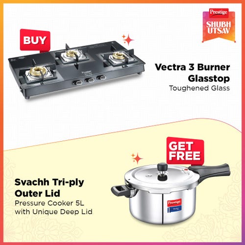 Prestige Vectra 3 Burner Glasstop Gas Stove|Superior Toughened Glass|Jumbo Brass Burner|Black with Svachh Triply Outer Lid Pressure Cooker with Unique Deep Lid for Spillage Control, 5 Litre, Silver