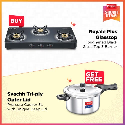 Prestige Royale Plus GT 03 Toughened Black Glass Top with Svachh Triply Outer Lid Pressure Cooker, Unique Deep Lid for Spillage Control, 5 Litre, Silver