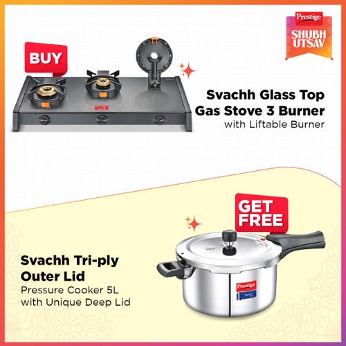 Prestige Svachh Glass Top Gas Stove (3 Burners) with Liftable Burners - GTSB-03 and Svachh Triply Outer Lid Pressure Cooker with Unique Deep Lid for Spillage Control, 5 Litre, Silver