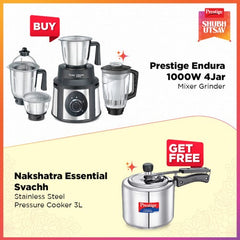 Prestige 1000 Watts Endura Mixer Grinder 4 Jars (3 Stainless Steel Jar + 1 Juicer Jar), Black and Silver with Popular Svachh Spillage Control Stainless Steel Pressure Cooker, 3 L (Silver)