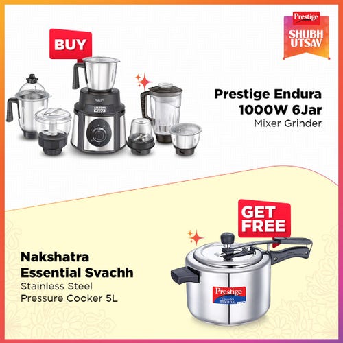 Prestige 1000 Watt Endura Mixer Grinder with 3 Stainless Steel Jar + 1 Juicer Jar, 1 Mix-O-Keep Jar, 1 Multi-utility Jar, Black and Nakshatra Essential Svachh Stainless Steel Pressure Cooker 5.0 L