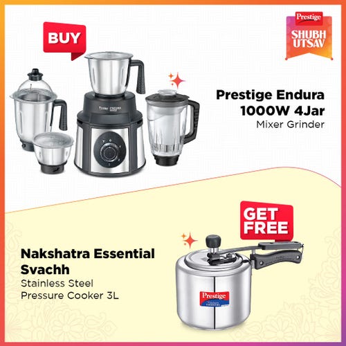 Prestige 1000 Watts Endura Mixer Grinder 4 Jars (3 Stainless Steel Jar + 1 Juicer Jar) with Sturdy Stainless Steel Body, Black and Silver, and Nakshatra Essential Svachh SS Pressure Cooker 3.0 L