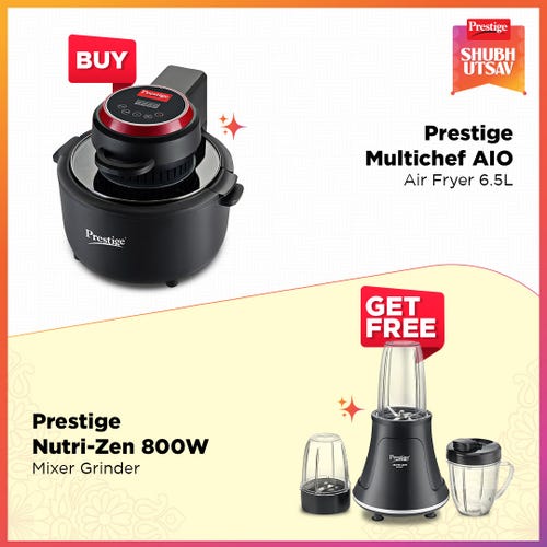 Prestige Multi-Chef All-in-One Air Fryer | 80% Less Oil | 6.5L | 1200W | Airfry, Oven, Grill | Digital Display | Even Heat | with Nutri-Zen Mixer Grinder, 3 Jars for Juices & Shakes