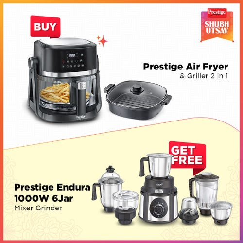 Prestige Air Flip 4.5L All-in-One Air Fryer | Flip Grill & Fry | 5 Presets | Air Fry & Grill Mode | 360° View Basket | with Endura 1000W Mixer Grinder, 3 SS Jars + Juicer, Mix-O-Keep & Multi-Utility Jar
