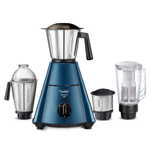 Prestige 750 Watts Grace Mixer Grinder with 4 Jars (3 Stainless Steel Jars + 1 Juice Jar)|4 Super Efficient Blades|Sturdy Handles|Dome Shaped Lid|Blue &amp; Black