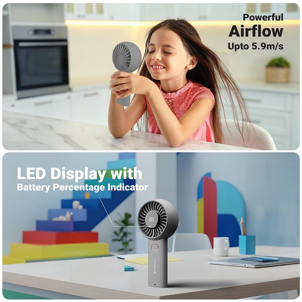 Zebronics Heat Buster 200, Portable Hand Fan, Upto 12h Backup, 3600mAh Rechargeable Battery, 5 Speed Modes, Upto 5.9m/s Airflow, LED Display, for-5