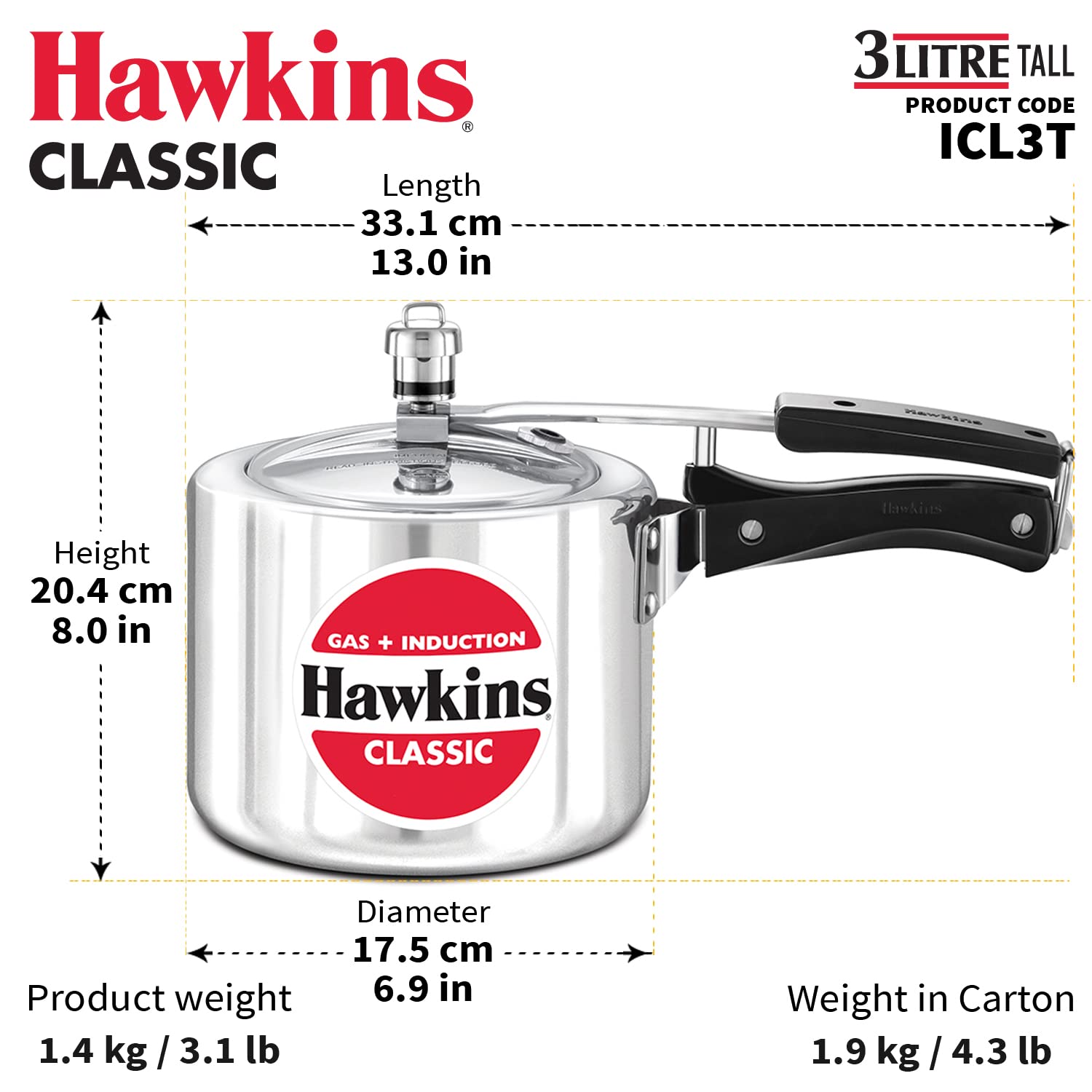 Hawkins Aluminium 3 Litre Classic Pressure Cooker,Induction Inner Lid Cooker,Tall Design Pan Cooker,(Icl3T)