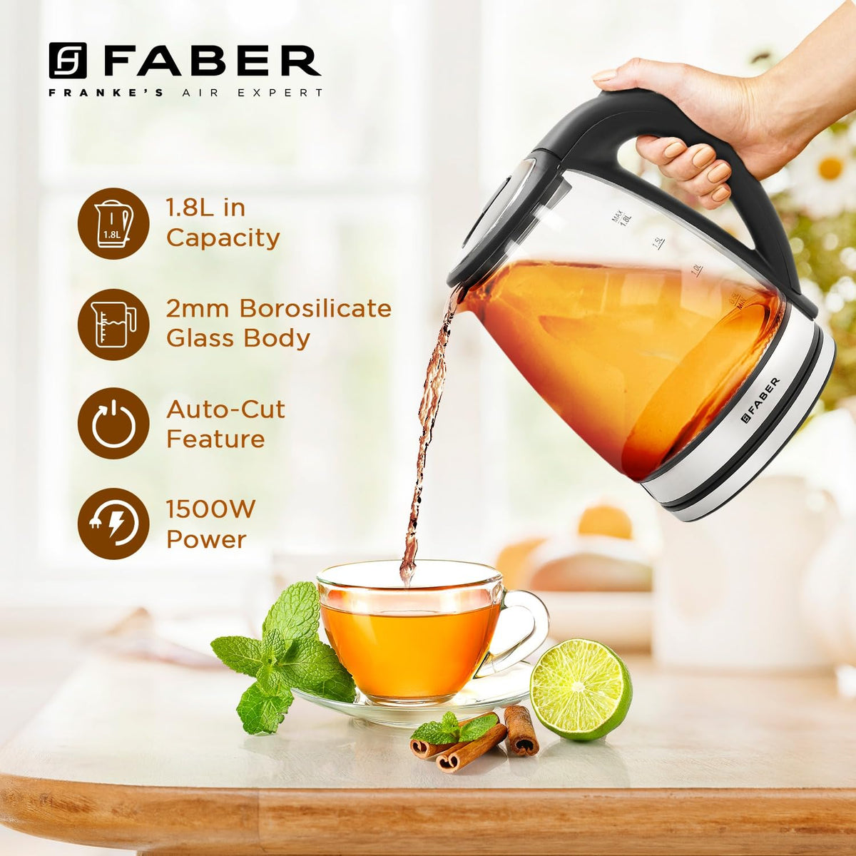Faber 1.8L Electric Glass Kettle | 1500W | 2MM Borosilicate Glass | Dry Heat Protection | LED Illumination | Detachable 