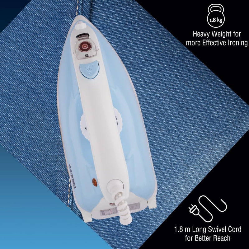Usha Goliath Spray Tech 1200Watt Dry Iron with Water Spray Feature | Double Coated Golden Non Stick Soleplate for Longer Durability | 360° Swivel Cord | 2 Years Warranty | (Blue & White)