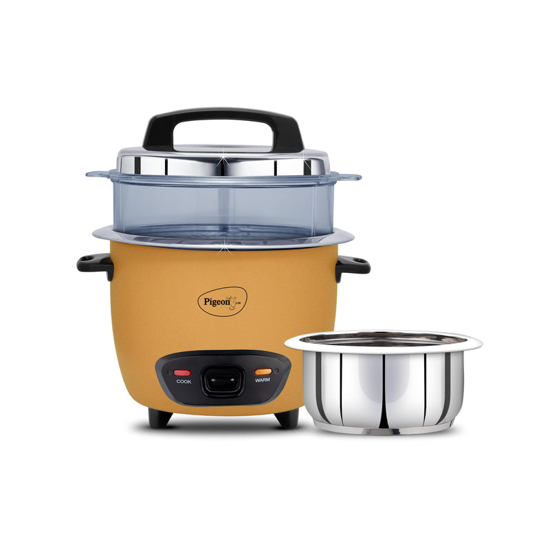 Pigeon Inox Pro Rice Cooker with Steamer, 1 litres | Stainless Steel Lid | 400 Watts | 1 Steel Cooking Pot | Measuring Cup | Spatula | Energy Efficient Cooking (Pink)