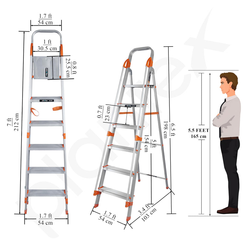 Plantex Secura 6 Step Aluminium Ladder for Home/Foldable Ladder with Safe Hand Rails/5 Year Manufacturer Warranty(Orange-Silver)-3
