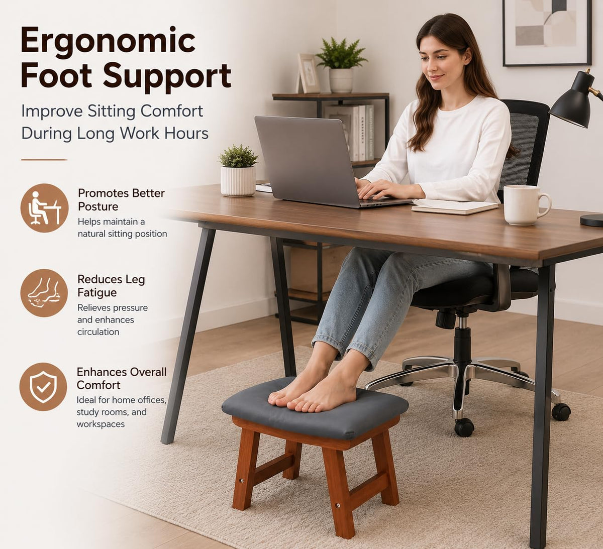 Wooden Footrest with Soft Cushion – Ergonomic Foot Stool for Under Desk, Home & Office Use | Sheesham Wood Padd