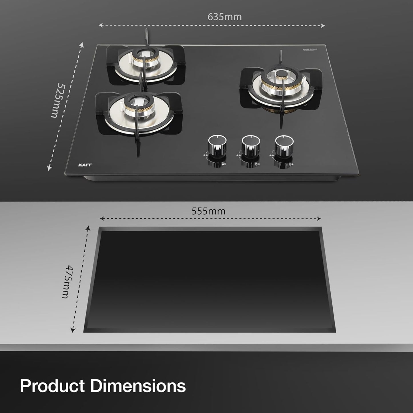 KAFF Built-in Hob/Hobtop 3 Burners with Auto Electric Ignition Glass Top, 60 CM, Brass Burners, Matt Enameled Pan Support, 8 MM Thick Toughened Glass (Black) | VRH 603