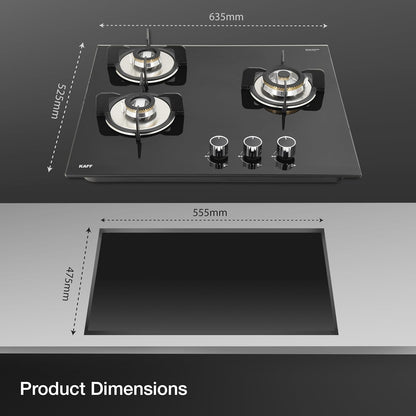 KAFF Built-in Hob/Hobtop 3 Burners with Auto Electric Ignition Glass Top, 60 CM, Brass Burners, Matt Enameled Pan Support, 8 MM Thick Toughened Glass (Black) | VRH 603