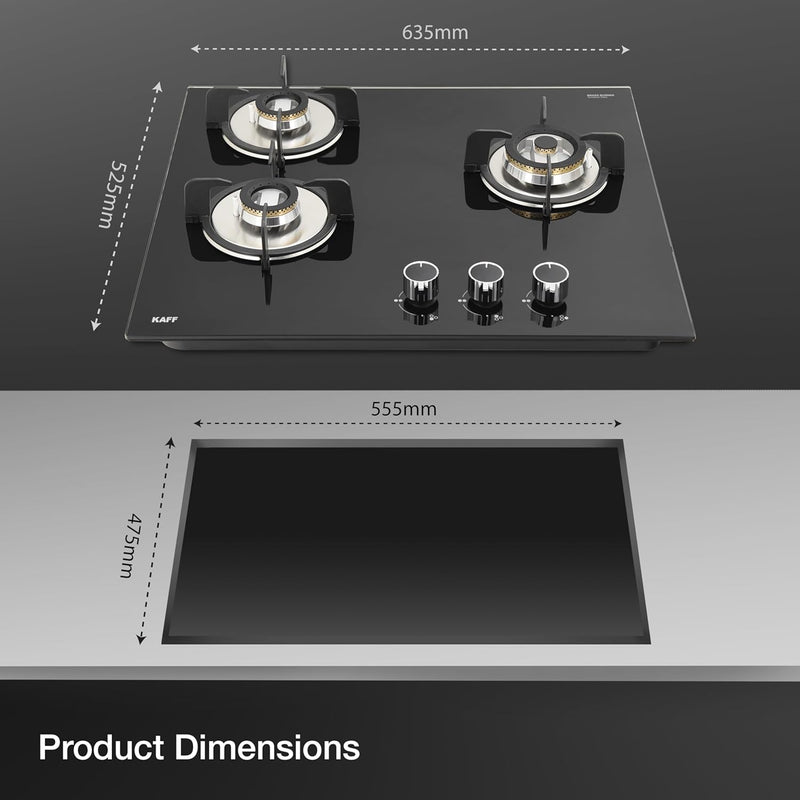KAFF Built-in Hob/Hobtop 3 Burners with Auto Electric Ignition Glass Top, 60 CM, Brass Burners, Matt Enameled Pan Support, 8 MM Thick Toughened Glass (Black) | VRH 603