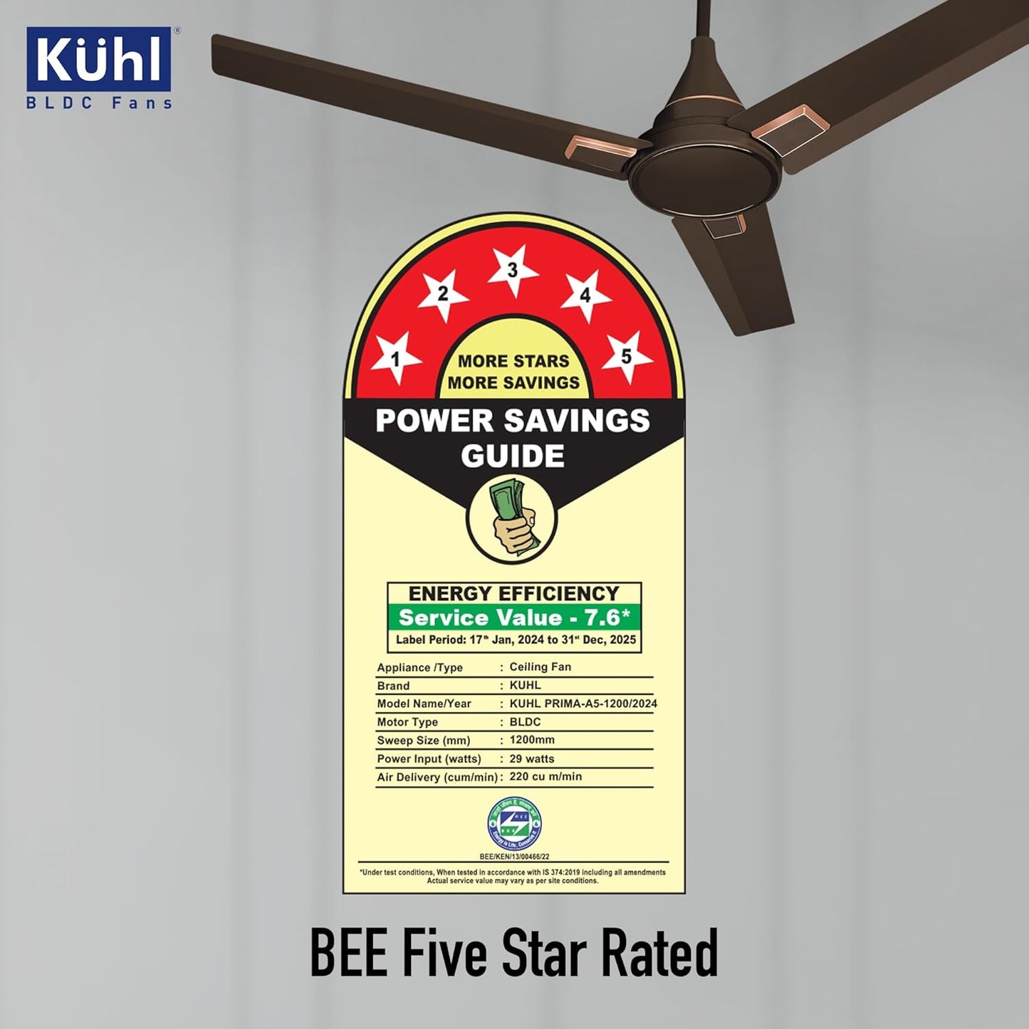 KUHL Prima A5 1200mm BLDC Ceiling Fan with Remote | 5-Star Rated | High Airflow | Saves up to 65% Electricity | 5-Year Warranty | Espresso