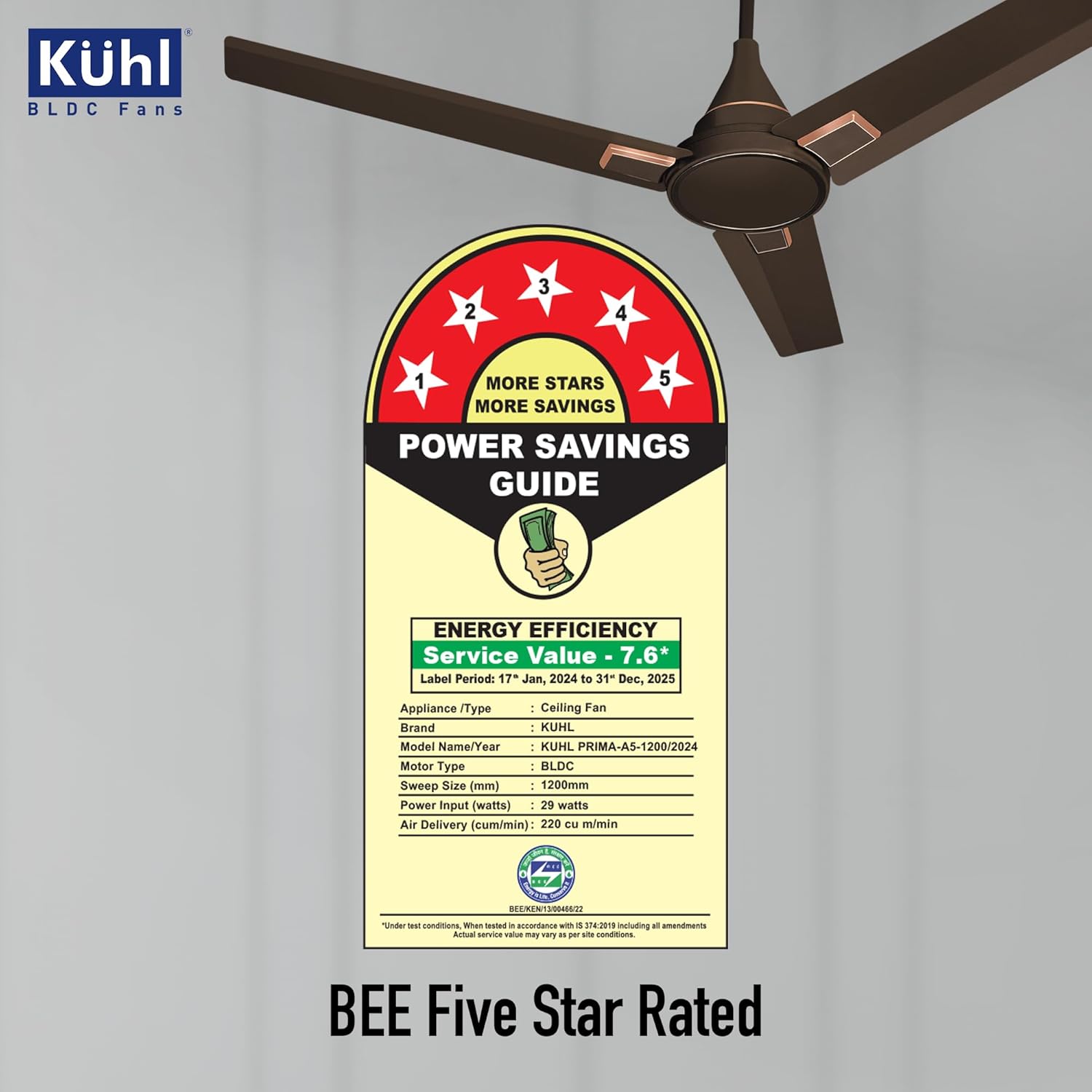 KUHL Prima A5 1200mm BLDC Ceiling Fan with Remote | 5-Star Rated | High Airflow | Saves up to 65% Electricity | 5-Year Warranty | Espresso