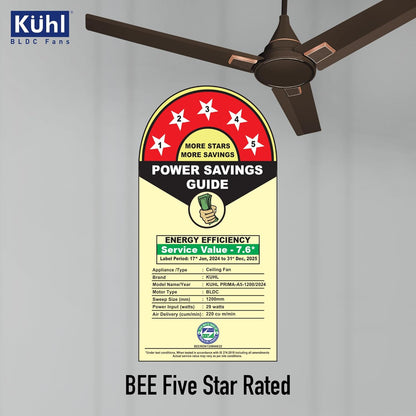 KUHL Prima A5 1200mm BLDC Ceiling Fan with Remote | 5-Star Rated | High Airflow | Saves up to 65% Electricity | 5-Year Warranty | Espresso