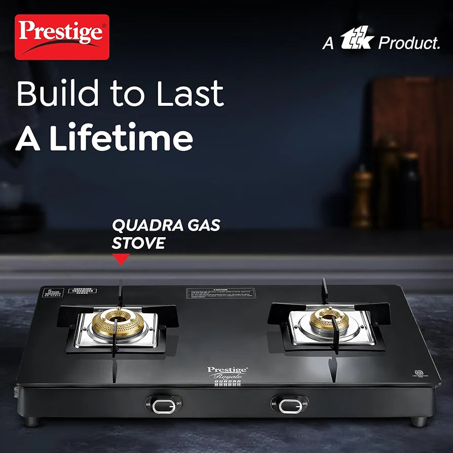 Prestige Royale Quadra 2Burner Gas Stove|Superior Toughened Glasstop with 5-Year Warranty |3-Way Nozzle Design|Tri-Pin Jumbo Burner|Uniquely Designed Pan Support |Elegantly Designed Knobs|Black