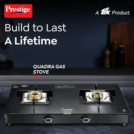 Prestige Royale Quadra 2Burner Gas Stove|Superior Toughened Glasstop with 5-Year Warranty |3-Way Nozzle Design|Tri-Pin Jumbo Burner|Uniquely Designed Pan Support |Elegantly Designed Knobs|Black
