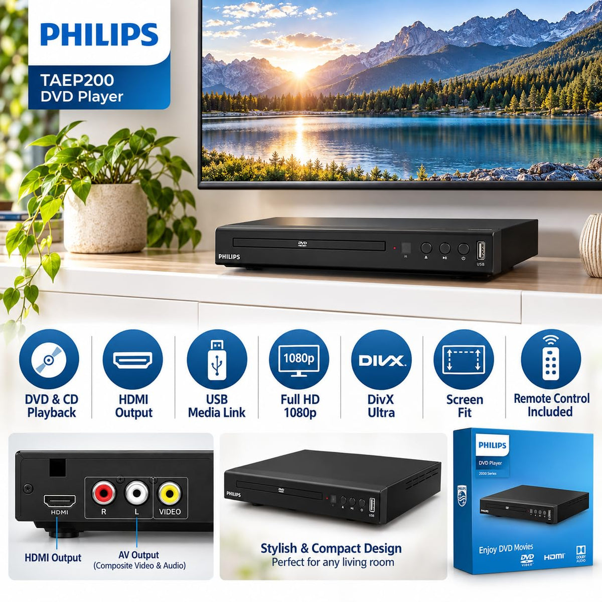 Philips EP200 Multi Zone Region Free DVD Player - 1080P HDMI - PAL/NTSC Conversion - USB 2.0