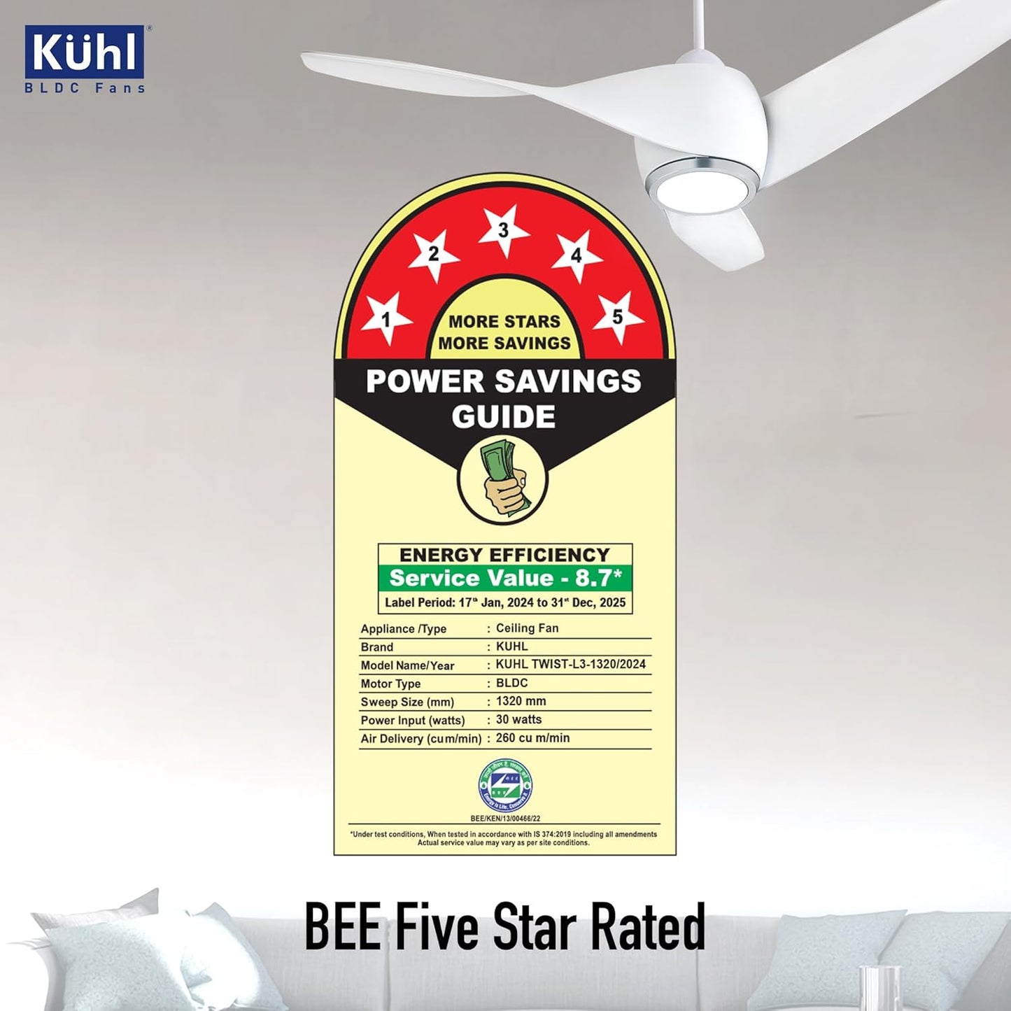 KUHL Twist L3 1320 mm 65% Power Saving BLDC Ceiling Fan | BEE 5 Star Rated & ISI Marked | High Air Flow|5Year Warranty on Motor By Brand | Free Installation | IoT – Operate via Mobile & Alexa | White