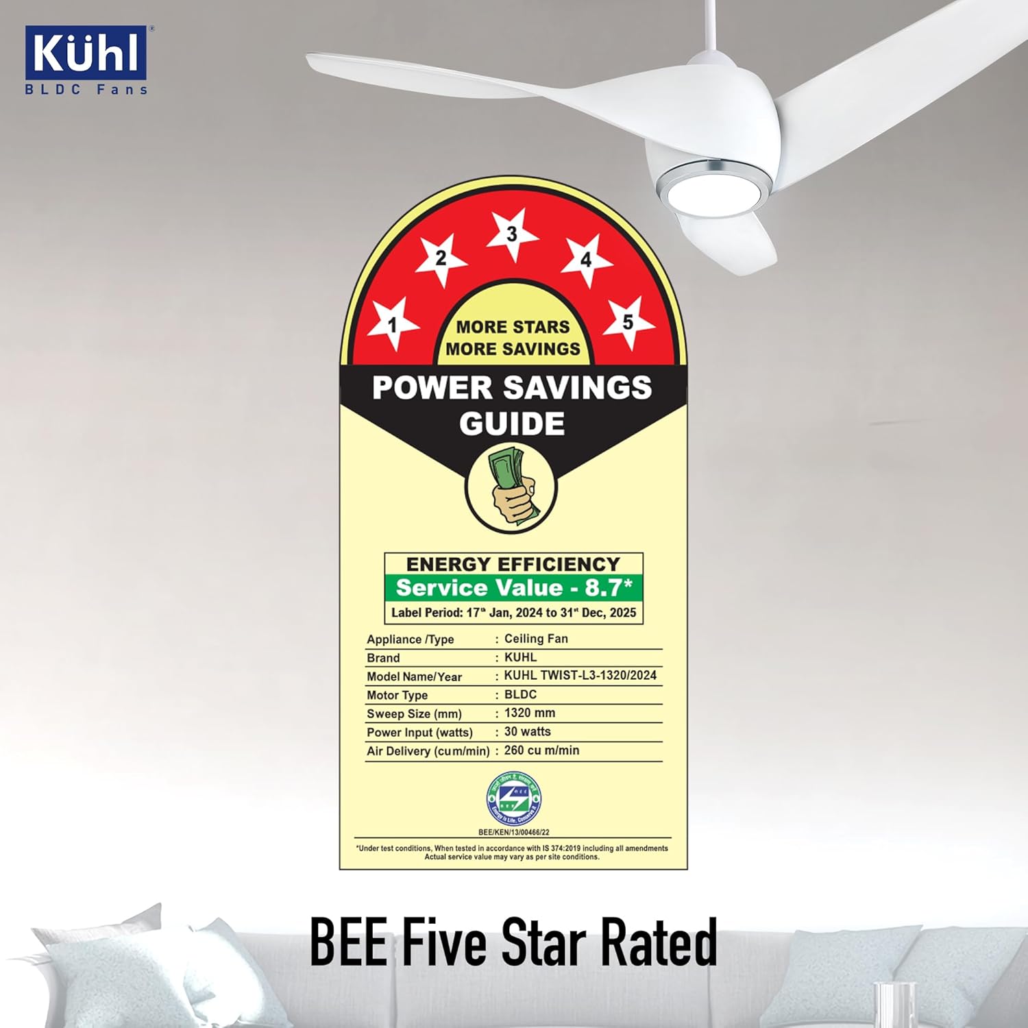 KUHL Twist L3 1320 mm 65% Power Saving BLDC Ceiling Fan | BEE 5 Star Rated & ISI Marked | High Air Flow|5Year Warranty on Motor By Brand | Free Installation | IoT – Operate via Mobile & Alexa | White