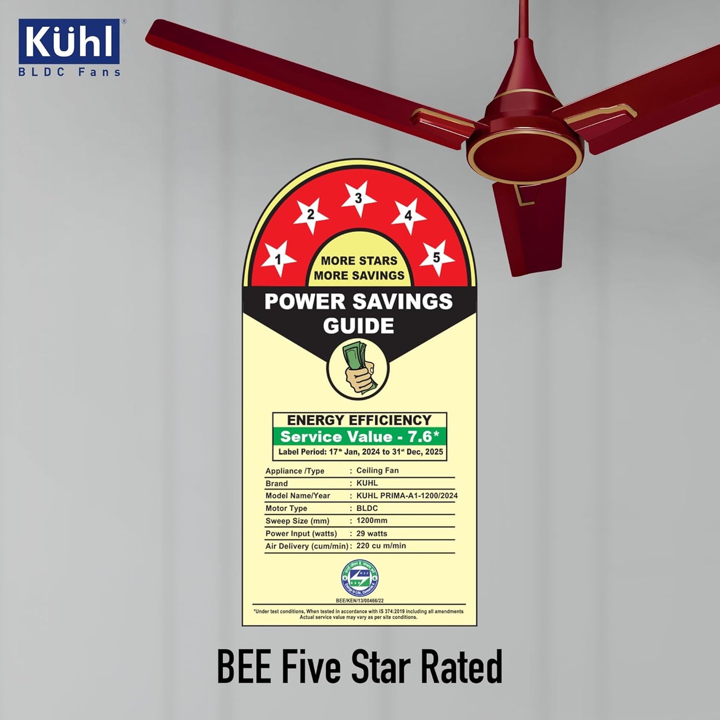 KUHL Prima A1 1200MM Decorative Power Saving BLDC Ceiling Fan With Remote | 29W | Saves Upto 65% Electricity | 5 stars | High Air Flow | Stylish Design | Brown